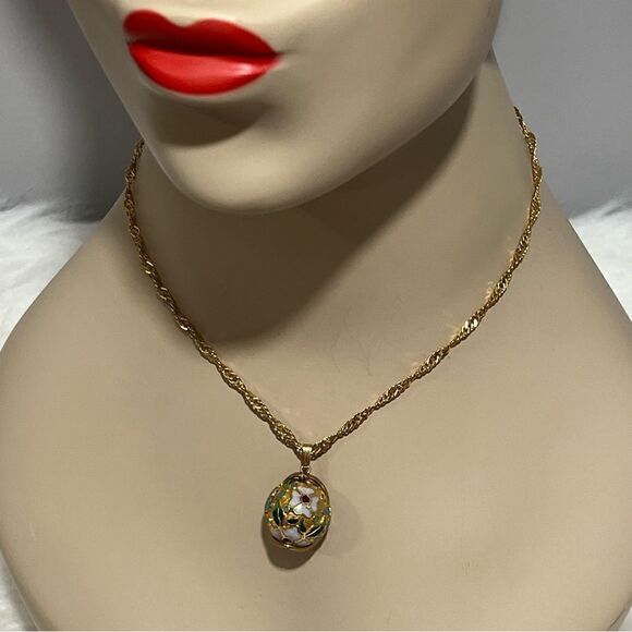 Vintage Cloisonne Gold Plated Caged Floral Design Necklace - Picture 13 of 13